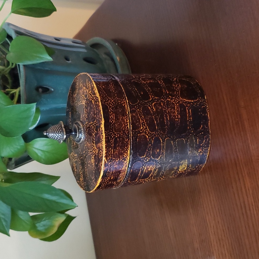 Brown Faux Leather Canister w/ Metal Acorn Handle on Lid - 7" H